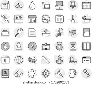 Editable thin line isolated vector icon set - sale, tools, sperm vector, shop, pin, globe, tent, photo, power switch, laptop wifi, cd, cook glove, fire, jug, water drop, closet, broom, university