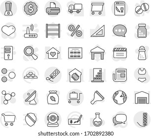 Editable thin line isolated vector icon set - baggage trolley, scraper vector, hand mill, cereal, corner ruler, schedule, molecule, flask, cart, check, dollar medal, gold ingot, swimsuite, earth