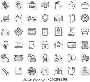 Editable thin line isolated vector icon set - plunger vector, trash bin, water drop, washing powder, rubber glove, shining window, pan, cook hat, spices, jug, pencil, notebook pc, target, buttocks