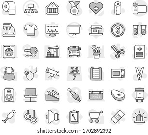 Editable thin line isolated vector icon set - hive, clothespin vector, toilet paper, microwave oven, blender, steak, telescope, table lamp, school bus, university, dollar coin, presentation board