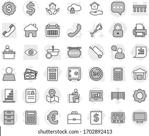 Editable thin line isolated vector icon set - receipt, lock, shopping list, calculator, anamnesis vector, archive, bridge, sms, calendar, map, warehouse, suitcase, safe, tv, printer, phone, blower