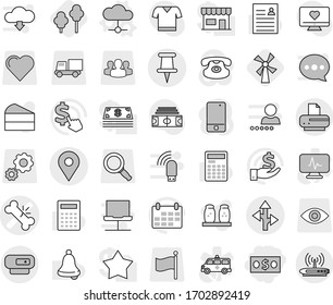 Editable thin line isolated vector icon set - money, broken bone vector, geo pin, route, cloud, trees, windmill, spices, cake, bell, calculator, personal information, investment, calendar, stadium