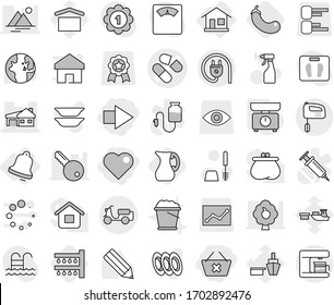Editable thin line isolated vector icon set - delete cart, heart, right arrow, pill vector, house with garage, scooter shipping, home, bell, kitchen scales, watering, eggplant, jug, toilet brush