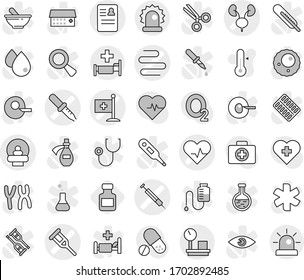 Editable thin line isolated vector icon set - heart pulse vector, pipette, crutch, tomography, anamnesis, kidneys, intestines, medical flag, syringe, alarm, warehouse scales, hospital, pills bottle