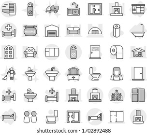 Editable thin line isolated vector icon set - hospital bed vector, hangare, door, arch window, plan, hotel, do not distrub, sink, bath, wardrobe, dresser, toilet, paper, water closet, cleaner woman