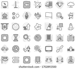Editable thin line isolated vector icon set - shop signboard, spark plug, diamond, goverment house, vip fence, hotel, barometer, phone vector, knife holder, cookies, pickup, towel, splotch, ecology