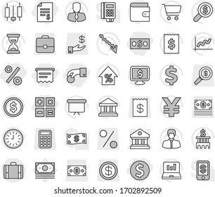 Editable thin line isolated vector icon set - hand coin, dollar, money, account balance, percent, atm receipt, calculator, library, suitcase, bank vector, graph, cart, japanese candle, laptop, clock