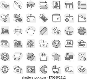 Editable Thin Line Isolated Vector Icon Set - Cart, Basket, Store, Laptop Graph Vector, Wallet, Crisis, Target, Euro Sign, Office, Barcode, Percent, Sale, Cashbox, Gift, Credit Card, Dollar Coin