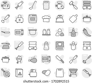 Editable thin line isolated vector icon set - cutting board, pan, colander, apron, whisk, microwave oven, double boiler, cooking book, blender, bbq, hot pepper, vector, kettle, cook hat, spatula