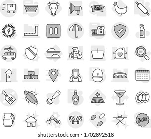 Editable thin line isolated vector icon set - medical label vector, tower, ruler, modern architecture, block wall, bridge, dry cargo, protected, fast deliver, transfer, palm hammock, slippers, seeds