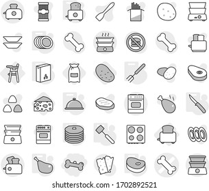 Editable thin line isolated vector icon set - bone, vector, Chair for babies, toaster, big fork, knife, meat hammer, plates, meal cap, cereals, steake, chicken leg, pancakes, flour, potato, cheese