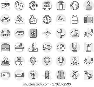 Editable thin line isolated vector icon set - hospital bed vector, airport tower, road, signpost, geo pin, route a to b, scooter shipping, map, fragile, train, car baggage, sail boat, air ballon