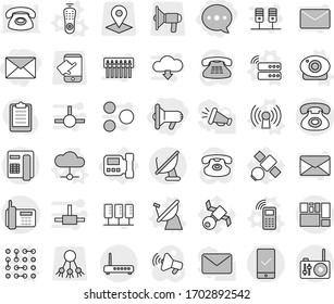 Editable thin line isolated vector icon set - megafon, balloon, mail, phone, consolidated cargo, mobile checking, intercome, satellite antenna vector, server, cloud, remote control, web camera, hub