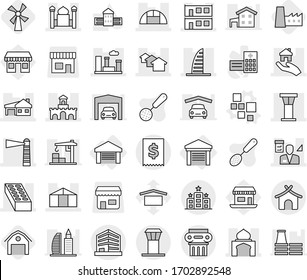 Editable thin line isolated vector icon set - skyscraper, airport tower, lighthouse, minaret, houses, house with garage, modular, brick, fort, city, architector, greenhouse, real estate, office, tax