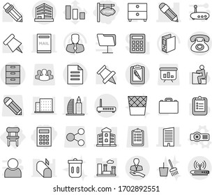 Editable thin line isolated vector icon set - store signboard, calculator, archive vector, pencil, skyscraper, building, city, office, phone, client, clipboard pen, document, chair, projector, case