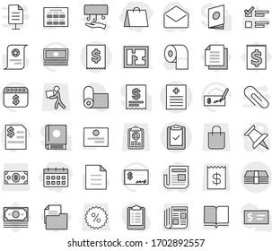 Editable thin line isolated vector icon set - shopping bag, calendar, recipe vector, money, tax, clipboard check, toilet paper, hand dryer, book, schedule, certificate, document, exam, cash, dollar