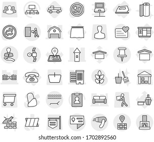 Editable Thin Line Isolated Vector Icon Set - Tower, Houses, Barn, School, Location Details, Map, Pin, Satellite, Client, Courier Delivery, Lounger, Curtain, Wardrobe, Phone, Iron, Pickup, Hierarchy