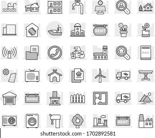Editable thin line isolated vector icon set - mansion, modern architecture, house with garage, modular, city, sea shipping, bungalow, chalet vector, pool, mailbox, solar panel, windmill, fruit tree