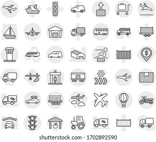 Editable thin line isolated vector icon set - dollar pin, delivery, journey, warehouse, plane, traffic light, truck shipping, car, package box, sun potection, railroad, baggage, bus, air ballon