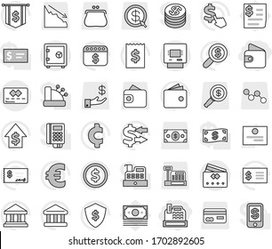 Editable thin line isolated vector icon set - wallet, cashbox, credit card, atm, safe, certificate vector, bank, exchange, dollar coin, growth, check, receipt, money search, flag, shield, calendar