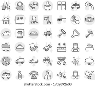 Editable thin line isolated vector icon set - phone, tools, ambulance car vector, medical hat, doctor, 24, shipping, package, taxi, atm, service bell, cloud, scraper, vacuum cleaner, fetlock, iron