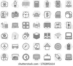 Editable thin line isolated vector icon set - receipt, mobile pay, market scales, bar code, pacemaker vector, map, remote control, atom core, antenna, server, web camera, wireless, sim card, cd, tap