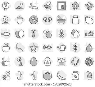 Editable thin line isolated vector icon set - mortar vector, barn, palm, hawaiian wreath, starfish, hammock, landscape, flower in window, dna edit, thermometer, flour, eggs, tomato, fish, spikelets