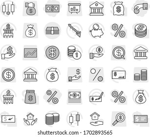 Editable thin line isolated vector icon set - hand coin, money, percent, library, house hold vector, bank, japanese candle, crisis, bag, piggy, investment, stack, check, building, dollar magnifier