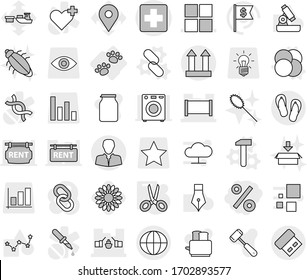 Editable thin line isolated vector icon set - percent, medical cross vector, drawbridge, fence, window, client, cargo top sign, globe, flip flops, pets, atom core, hammer, link, scissors, flower