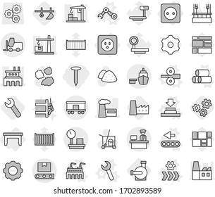 Editable thin line isolated vector icon set - nail, factory, port, customs control, fork loader, warehouse scales, railroad shipping, transporter tape, power socket, table, vector, press, pipes, big