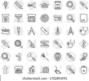 Editable thin line isolated vector icon set - pencil, market scales, magnifier, medical thermometer vector, pipette, stethoscope, doctors hammer, measuring tape, construction, level, sand clock