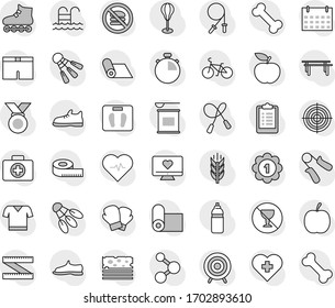 Editable thin line isolated vector icon set - diet vector, measuring, scales, heart pulse, stopwatch, clipboard, bike, jump rope, hand trainer, horizontal bar, punching bag, snickers, boxing glove