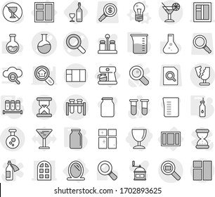 Editable thin line isolated vector icon set - wineglass, magnifier vector, test vial, flask, window, arch, chemical, sand clock, cargo search, broken, cocktail, mirror, coffee maker, bulb, spices