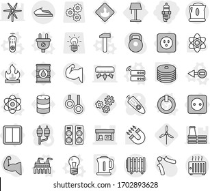 Editable thin line isolated vector icon set - spark plug, gas station, jet ski, power socket, switch, floor lamp, atom vector, electron, bulb, on off button, factory, server, remote control, hammer