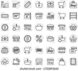 Editable thin line isolated vector icon set - cart, basket, purse, add to, shop, store, market, sale, percent, cashbox, atm receipt, mall, turk, dollar coin vector, credit card, office, shelving