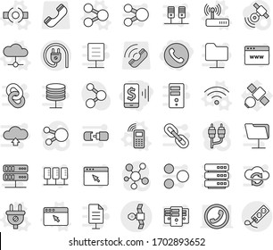 Editable thin line isolated vector icon set - mobile pay, phone, satellite, share vector, connect, plug, cloud, wireless, router, browser window, molecule, call, satellitie, social media, rca, chain