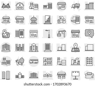 Editable thin line isolated vector icon set - store, bridge, drawbridge, houses, goverment house, building, skyscrapers, shop, mall, modern architecture, modular, district, city, palace, office, bus