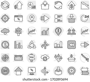 Editable thin line isolated vector icon set - dollar pin, right arrow, geo, package, signpost, recycle vector, browser window, reload, graph, crisis, growth, target, up, route, top sign, diagram