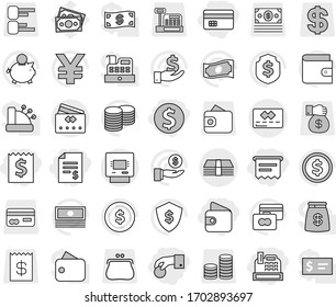 Editable thin line isolated vector icon set - hand coin, dollar, credit card, receipt, account balance, wallet, cashbox, atm, money, vector, cash, piggy bank, investment, stack, shield, yen sign