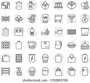 Editable thin line isolated vector icon set - shopping bag, box, tools, cleanser, potion bottle vector, loading crane, chemical, pallet, uv cream, washing, bucket, measuring cup, spices, trash bin