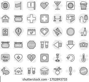 Editable thin line isolated vector icon set - dollar pin, left arrow, medical cross vector, heart, crutch, monitor pulse, dropper, hat, location details, important flag, warehouse, vip fence, laser