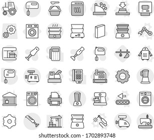 Editable Thin Line Isolated Vector Icon Set - Cashbox, Atm, Washing Machine, Coffee Maker, Press Vector, Welding, Printer, Conveyor, Robot Hand, Mixer, Plow, Harvester, Tractor, Powder, Utility Room