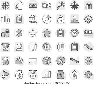 Editable thin line isolated vector icon set - clipboard, dollar coin, money, stairs, golf, chart vector, housing, graduate hat, graph, pie, japanese candle, bag, growth, bank building, target, sign