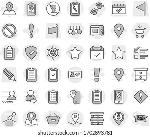 Editable thin line isolated vector icon set - add to cart, clipboard, remove from basket, dollar pin, sale, star, geo, mobile location, terms, pen, check, sun potection, protected, in, map, pets