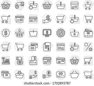 Editable thin line isolated vector icon set - cart, add to, basket, hand coin, account balance, remove from, delete, shop, credit card, vector, investment, dollar medal, monitor, money gift, percent