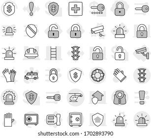 Editable thin line isolated vector icon set - lock, ambulance helicopter vector, stairs, building helmet, traffic light, alarm, first aid, safe, life vest, lifebuoy, locked, unlocked, intercome, key