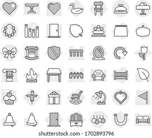 Editable thin line isolated vector icon set - bow, sale, heart, column, bridge, door, flower bed, hawaiian wreath, restaurant, pendant, service bell, mirror, curtain, dresser, chair, crib, rocking