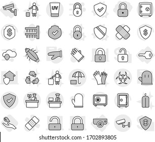 Editable thin line isolated vector icon set - lock, biohazard vector, unlock, customs control, protected, insurance, inspector, uv cream, surveillance, safe, key, camera, shield, cook glove, rubber