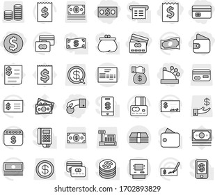 Editable thin line isolated vector icon set - hand coin, dollar, money, credit card, receipt, wallet, cashbox, invoice, atm, vector, cash, check, calendar, stack, investment, gift, arrow, reader