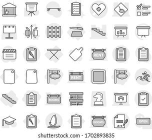 Editable thin line isolated vector icon set - clipboard, store signboard, shop, pacemaker vector, under construction, presentation, stairs, pen, check, inventory, pallet, surfer, windsurfing, list